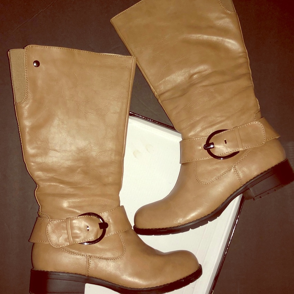 Taupe Tan Gunmetal Gray Buckle Knee High Combat Boots Size 8